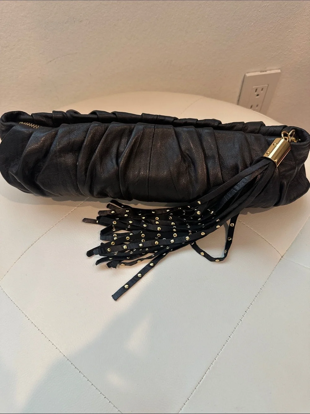 Steve Madden Black Ruched Leather Clutch with Tassel